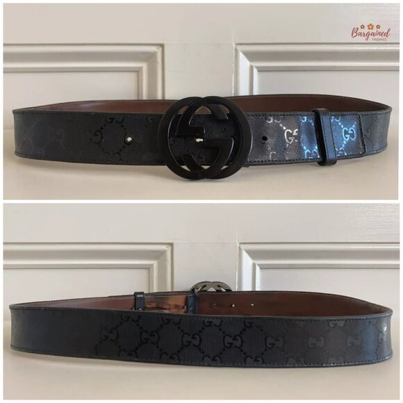 Authentic Gucci Black Imprime Monogram Leather Interlocking G Buckle Belt 95/38 - Picture 5 of 14